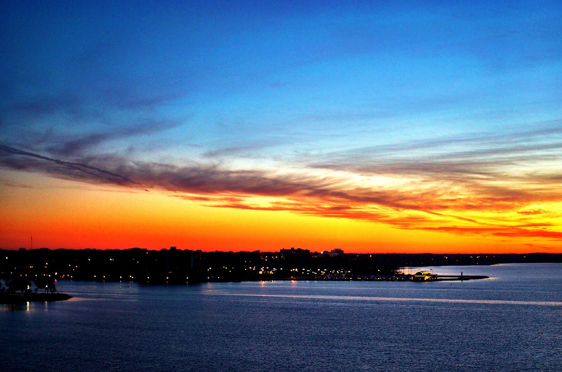 The Bay of Quinte waterfront at Belleville at sunset